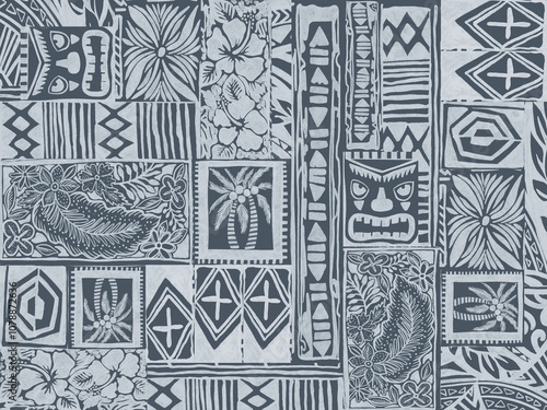 Принти на полотні Hawaiian tribal exotic fabric and Polynesian tapa cloth patchwork abstract