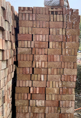 Tall stacks of red and brown clay bricks neatly arranged at a construction site, showcasing the raw materials ready for building projects and construction work. photo