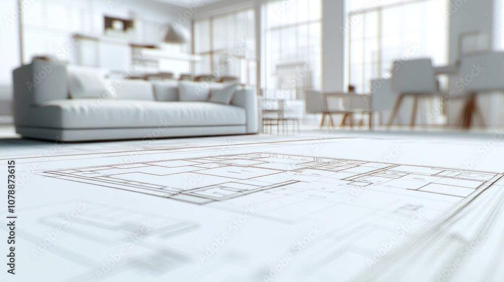 A modern living space with architectural plans on the floor. A modern living space with architectural plans on the floor.