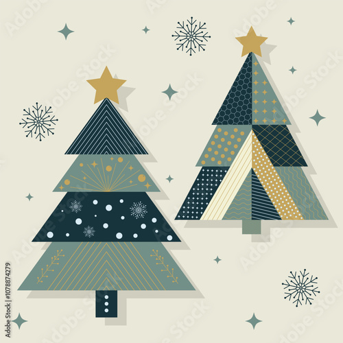 "Vector Christmas trees with geometric patterns, snowflakes, holiday theme."