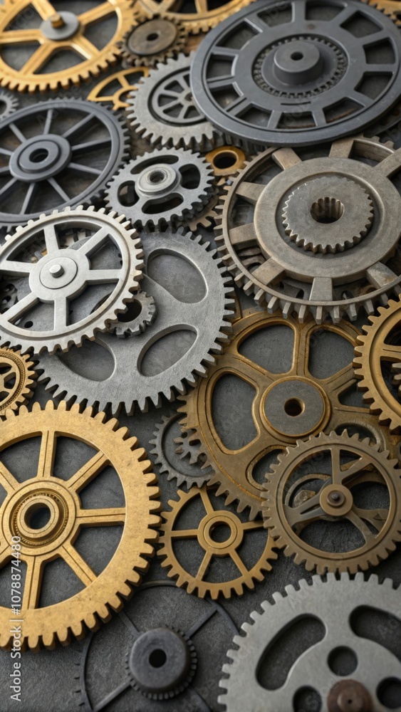 Close up of interlocking metal gears rotating, symbolizing complex machinery and industrial processes Close up of interlocking metal gears rotating, symbolizing complex machinery and industrial processes
