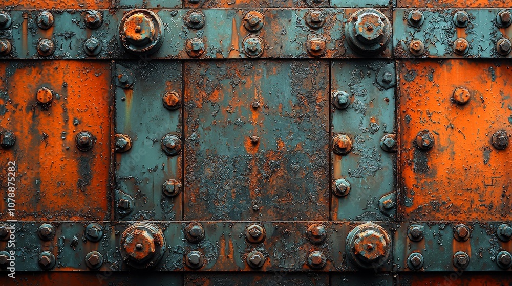 A weathered metallic surface with rust and bolts, showcasing industrial design elements. A weathered metallic surface with rust and bolts, showcasing industrial design elements.
