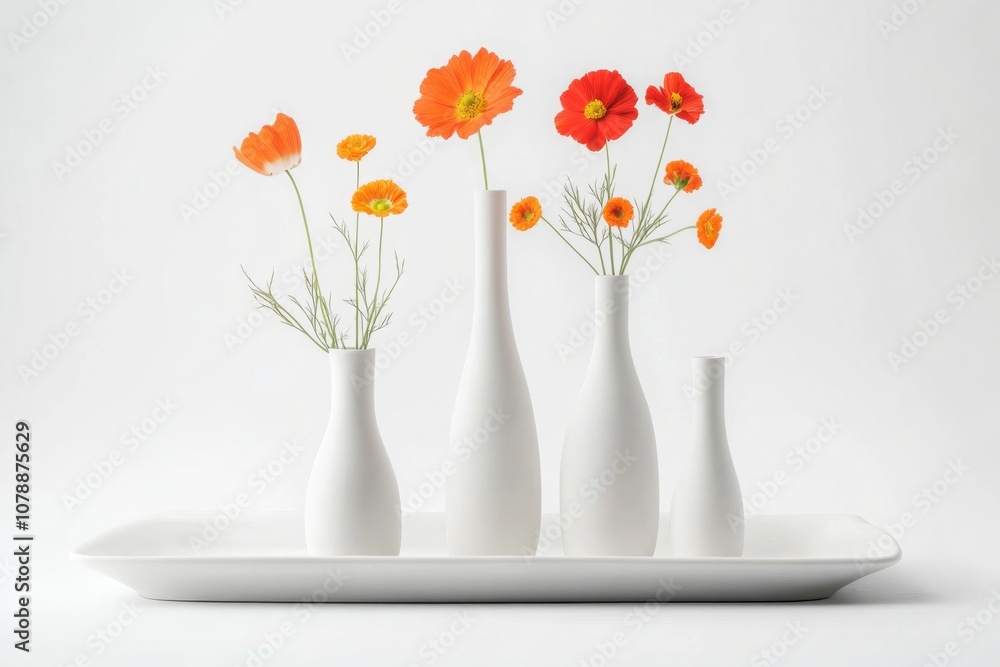 custom made wallpaper toronto digitalMinimalist White Ceramic Vases with Orange and Red Flowers on Tray