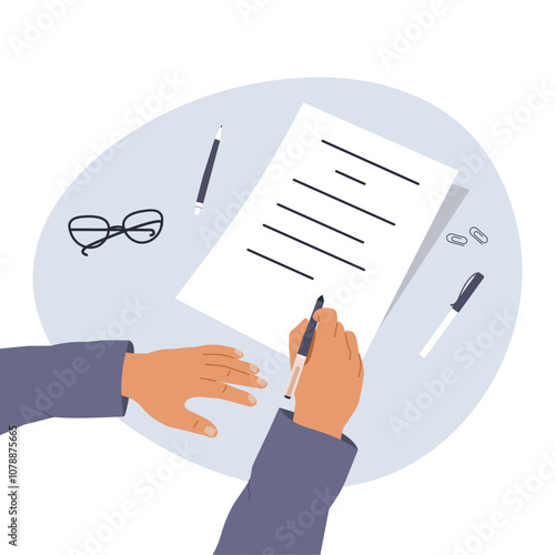 Hands holding a document and a pen. Survey, quiz, to-do list or deal concept. Vector illustration in flat style.	