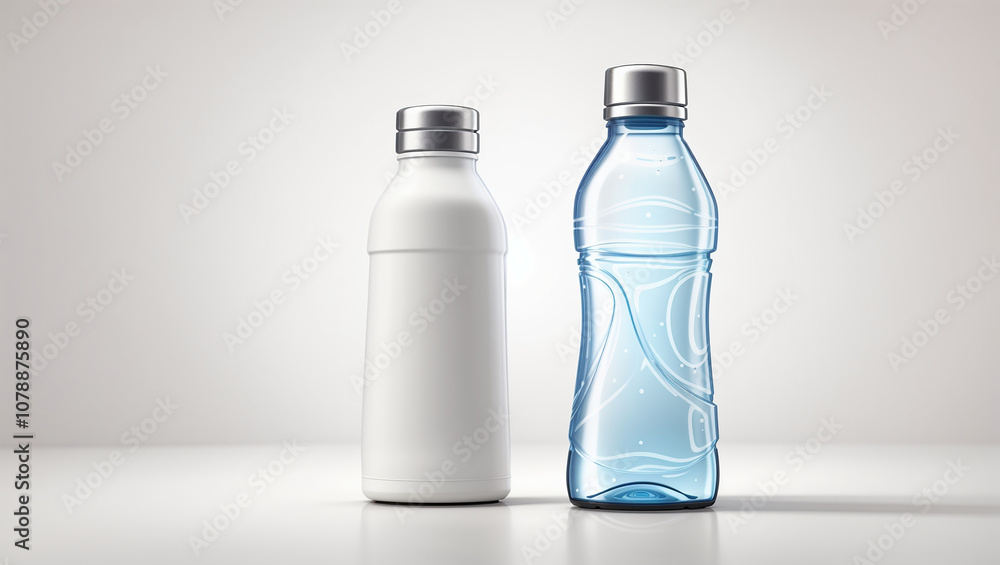 A tall, clear glass water bottle with a metal cap and a white filter inside. A tall, clear glass water bottle with a metal cap and a white filter inside.