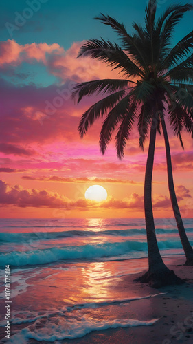 Sunset over the sea in retro