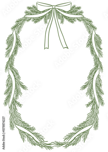 Vertical Christmas border decorated with pine tree branches, bow, ribbon in vintage doodle style for poster, placard or invitations. New Year retro design holiday frame isolated vector illustration.