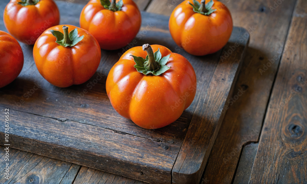 Orange tomatoes sit on a rustic wooden cutting board Orange tomatoes sit on a rustic wooden cutting board