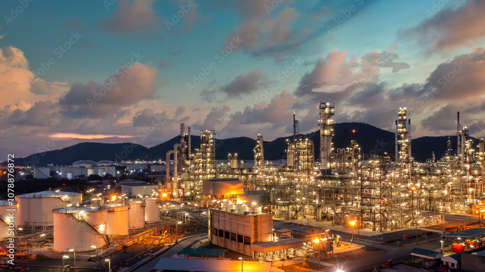 Fototapeta premium Oil and gas refinery industrial storage tank with oil and gas refinery plant at night, Refinery oil and gas power energy industrial, Oil and gas refinery petrochemical product plant pipeline steel.