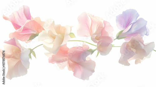 Delicate, pastel-hued sweet pea petals gently flutter, suspended in mid-air, against a pristine white background, creating a serene, romantic, and whimsical atmosphere. Pastel. Illustration photo