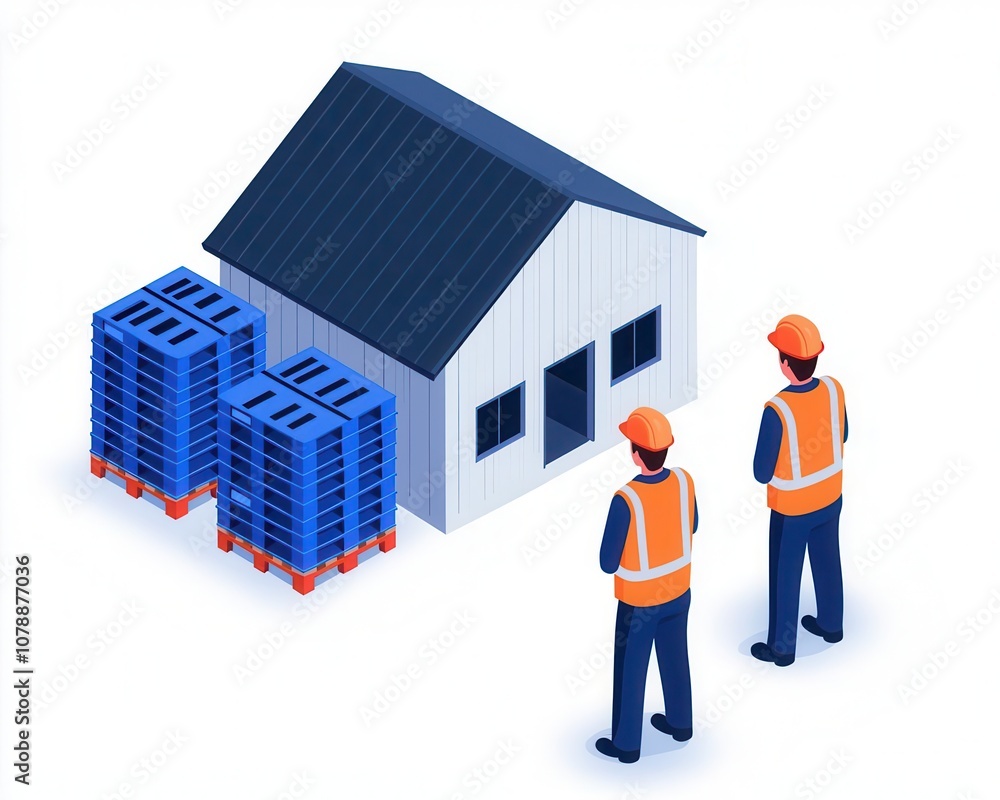 Minimalist isometric warehouse with blue pallets being unloaded, white warehouse and background Minimalist isometric warehouse with blue pallets being unloaded, white warehouse and background