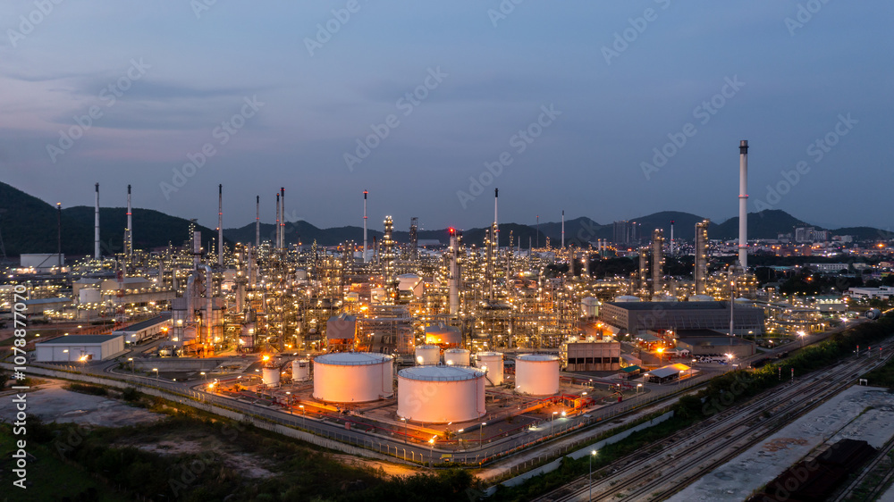 Obraz premium Oil and gas refinery industrial storage tank with oil and gas refinery plant at night, Refinery oil and gas power energy industrial, Oil and gas refinery petrochemical product plant pipeline steel.