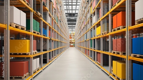 Automated Warehouse Sorting Facility with Color-Coded Parcels and Shelves