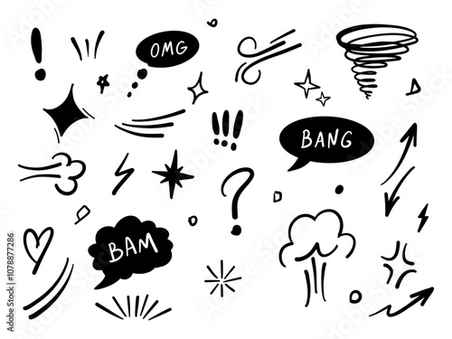 Comic cartoon effect hand drawing bomb boom vector element. Cartoon explosion bomb effect, splash, exclamation smoke element. Doodle style hand drawn text boom, bam, omg