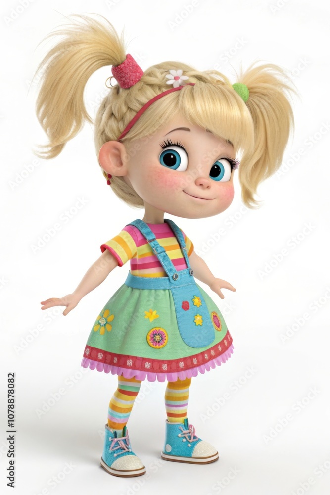 Innocent and joyful cartoon girl with blonde pigtails, colorful dress, and playful pose in full body view Innocent and joyful cartoon girl with blonde pigtails, colorful dress, and playful pose in full body view