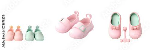 Wallpaper Mural A set of adorable baby shoes in pastel colors, featuring two pairs and a small accessory, ideal for infants and toddlers. Torontodigital.ca