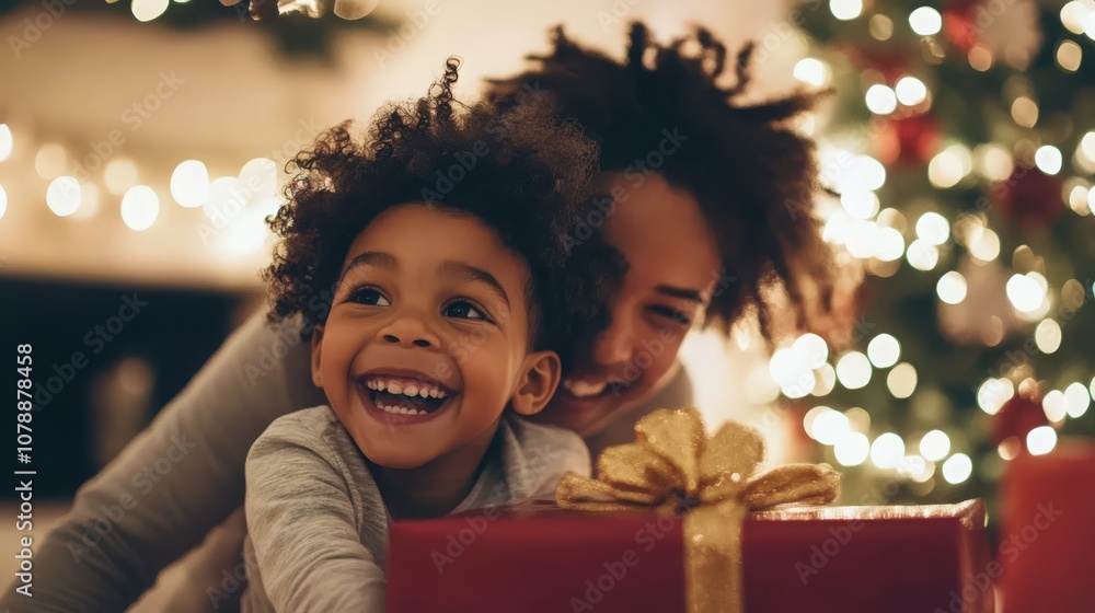 A woman and a child are hugging and smiling while looking at a red box A woman and a child are hugging and smiling while looking at a red box