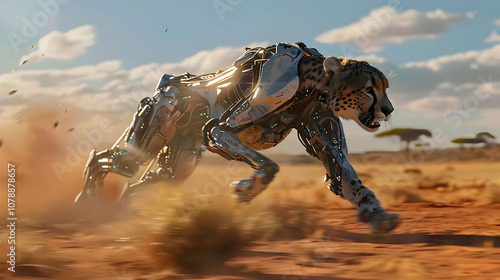 A robotic cheetah sprinting across a desert landscape, blending nature and technology. photo