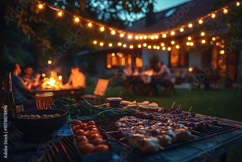 Grilled Skewers with Vegetables and Friends in the Background - Photo