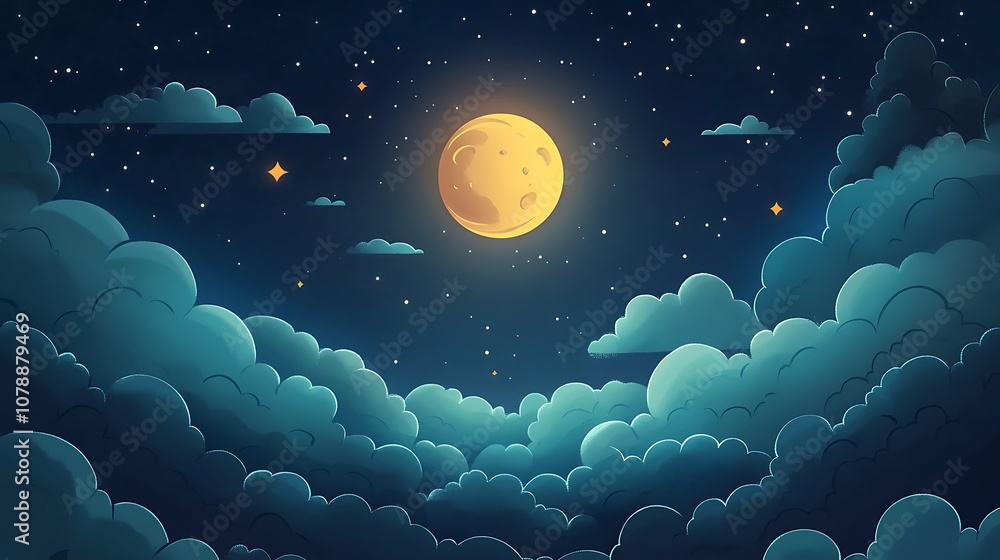 A dreamy night sky filled with stars and a glowing moon. Ideal for children's book illustrations or bedroom decor. A dreamy night sky filled with stars and a glowing moon. Ideal for children's book illustrations or bedroom decor.