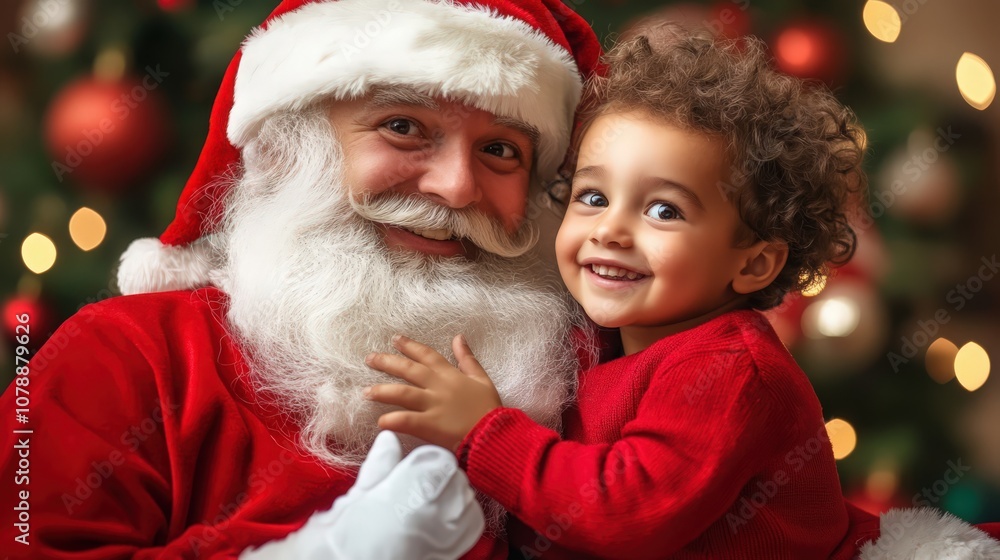 A santa with a child in a red sweater A santa with a child in a red sweater