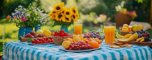 Summer Picnic Table with Fruit and Juice - Photo