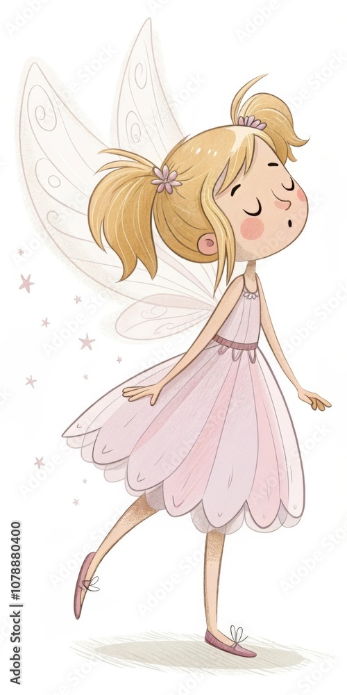 Adorable fairy girl with blonde hair, pink dress, and delicate wings, flying and spreading magic Adorable fairy girl with blonde hair, pink dress, and delicate wings, flying and spreading magic