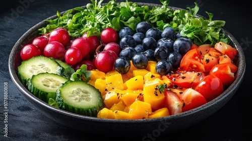 A vibrant fruit and vegetable salad in a dark bowl.