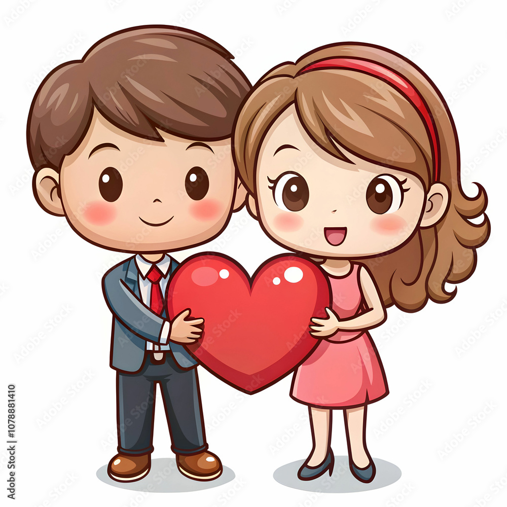 A charming cartoon couple shares a sweet moment with a red heart. A charming cartoon couple shares a sweet moment with a red heart.
