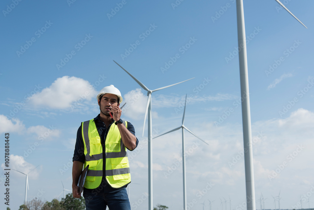 custom made wallpaper toronto digitalMale engineers with drawing against turbines on wind turbine farm.