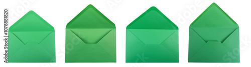 A series of green envelopes displayed in various positions. photo