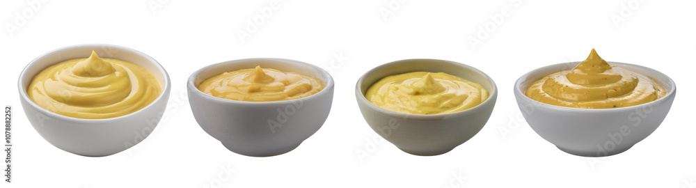 Four bowls of creamy mustard in different shades, perfect for culinary presentations and food photography. Four bowls of creamy mustard in different shades, perfect for culinary presentations and food photography.