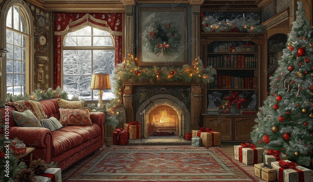 Fototapeta premium AI generator image of cozy Christmas, living room decorated for Christmas festival, Happy New Year 2025 miscellaneous illustrations,New Year's Eve, Christmas