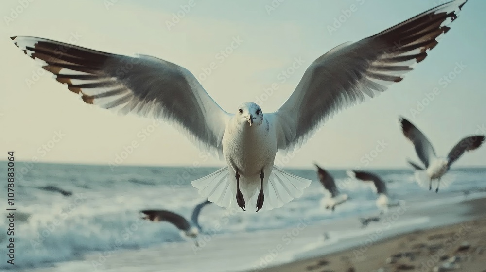 Obraz premium Graceful seagulls soaring above the tranquil beach at sunset, capturing a moment of nature's beauty and marine serenity with a soft pastel sky in the background.