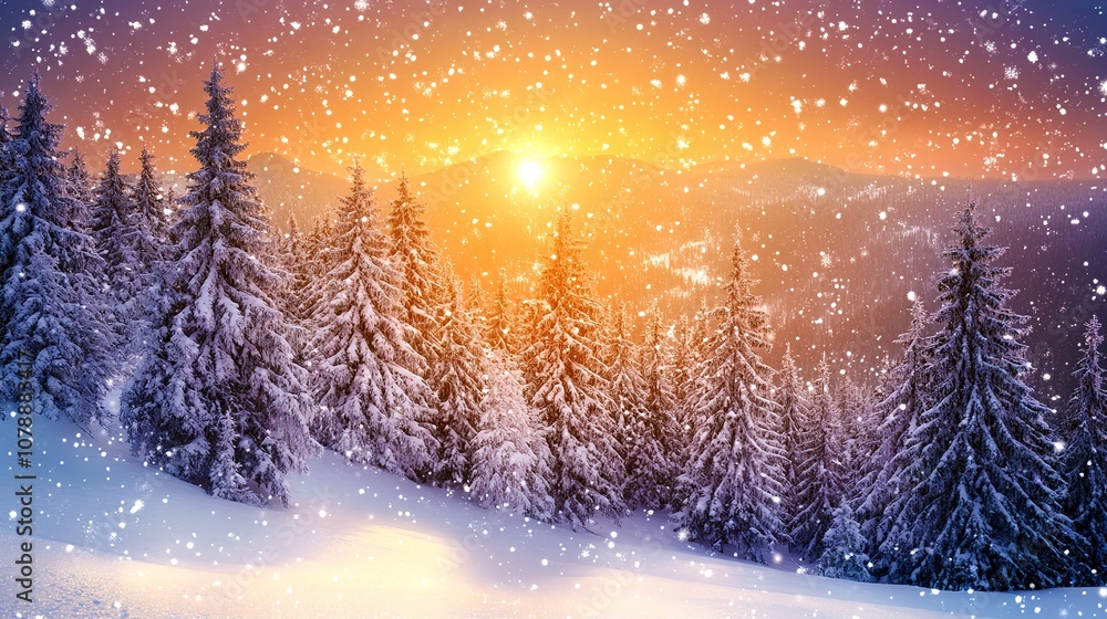 Fototapeta premium Majestic sunrise in the winter mountains landscape, A snowy forest with a pink sky in the background