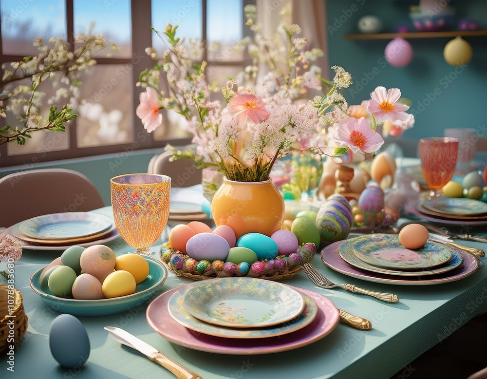 An Easter table with decorated eggs, flowers and pastel-colored dishes An Easter table with decorated eggs, flowers and pastel-colored dishes