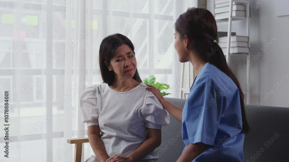 Nurse comforting an upset senior patient by embracing her and offering emotional support during a difficult moment Nurse comforting an upset senior patient by embracing her and offering emotional support during a difficult moment