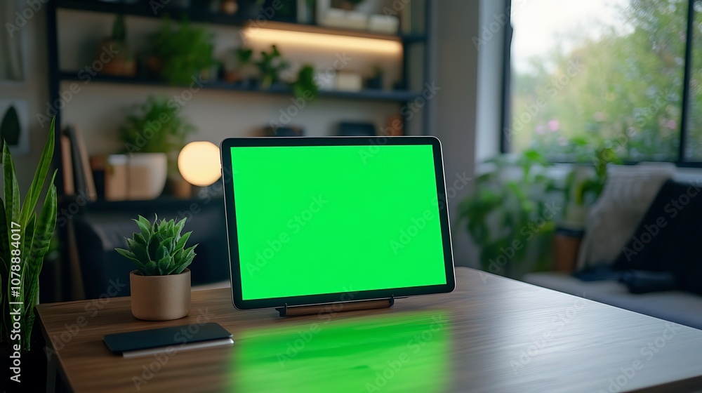 iPad with green screen on a wooden desk in a stylish home office setup iPad with green screen on a wooden desk in a stylish home office setup