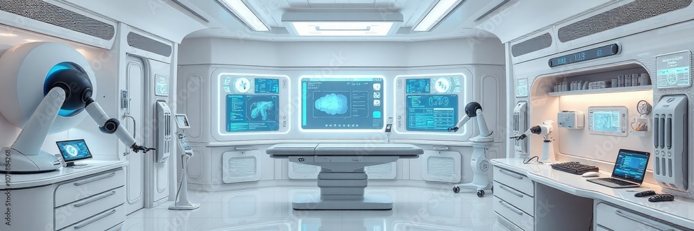 a modern and futuristic medical or operating room. The walls are white, giving a clean and sterile appearance. In the center of the room is an operating table, surrounded by various advanced medical. a modern and futuristic medical or operating room. The walls are white, giving a clean and sterile appearance. In the center of the room is an operating table, surrounded by various advanced medical.