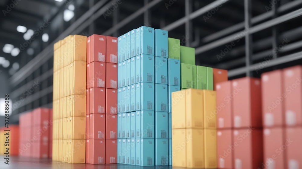 Fototapeta premium Inventory Levels Visualized Through Bar Graph and Warehouse Storage Icons
