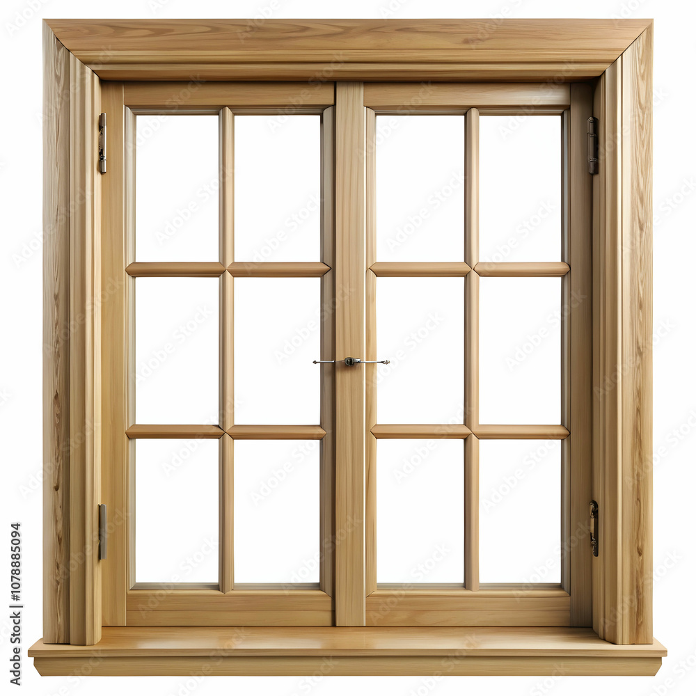 A wooden window design without glass showcases natural wood grain, framed against a crisp white background. A wooden window design without glass showcases natural wood grain, framed against a crisp white background.