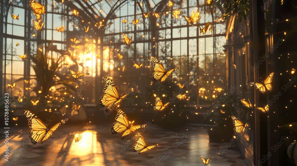 Brass clockwork butterflies hovering over bioluminescent crystal formations, Victorian conservatory setting, sunset copper tones Brass clockwork butterflies hovering over bioluminescent crystal formations, Victorian conservatory setting, sunset copper tones