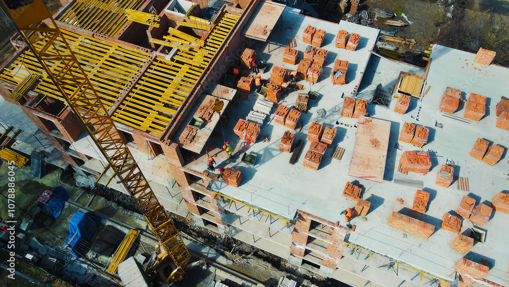Obraz premium Construction site with crane and workers laying bricks. A high-angle view of a construction site with workers actively laying bricks.