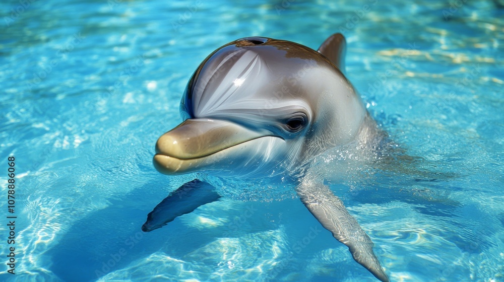Fototapeta premium Close-up of a Dolphin Swimming in Blue Water