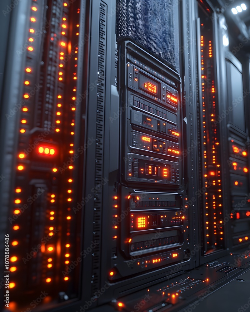 A futuristic server rack with glowing orange lights, indicating high-tech data processing. A futuristic server rack with glowing orange lights, indicating high-tech data processing.