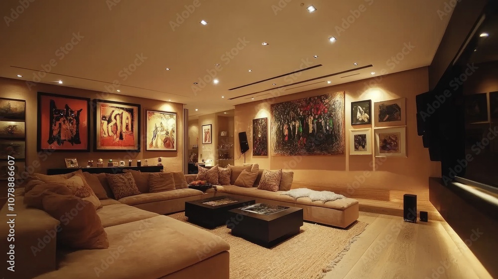 Elegant Living Room with Modern Art Display and Cozy Seating Arrangements, Perfect for Relaxation and Entertaining Guests in a Contemporary Home Environment Elegant Living Room with Modern Art Display and Cozy Seating Arrangements, Perfect for Relaxation and Entertaining Guests in a Contemporary Home Environment