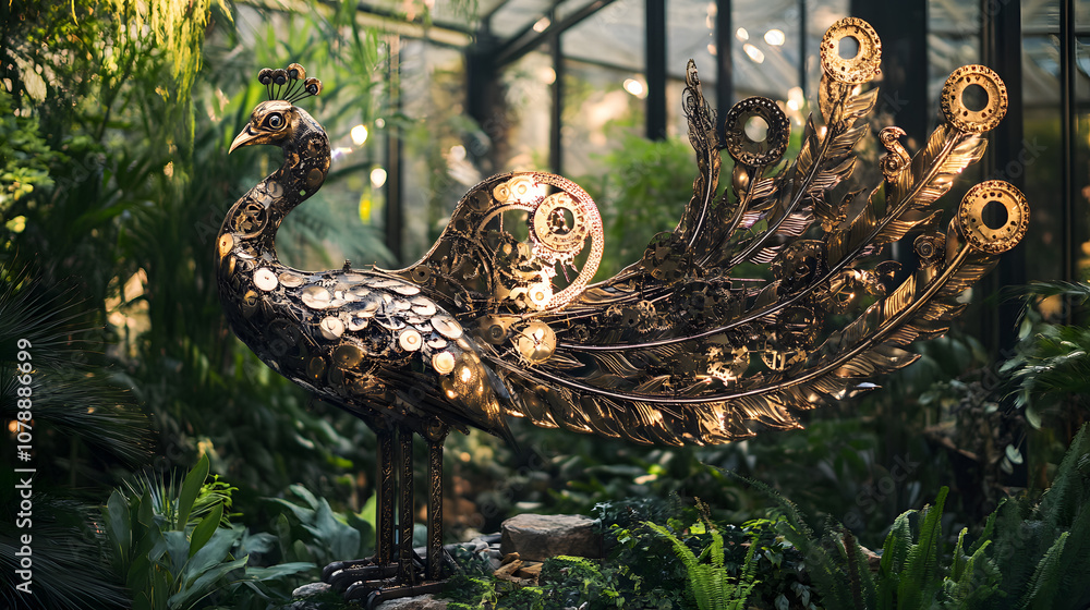 Fototapeta premium Bronze mechanical peacocks in crystal maze garden, gear-driven tail displays, prismatic afternoon light