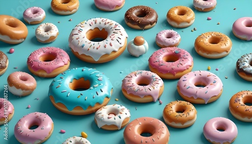 Diferentes donuts frescos con salpicaduras de leche sobre fondo azul