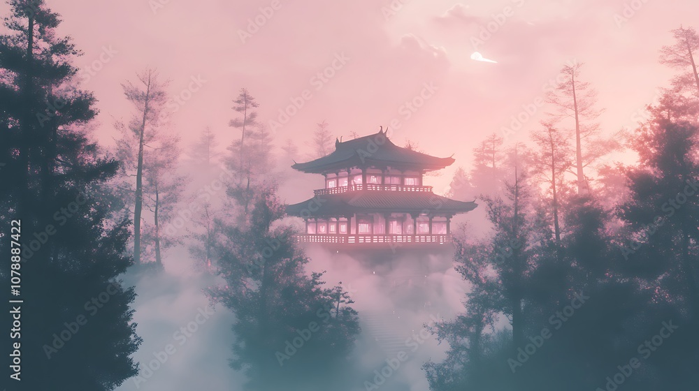 A glowing anime temple surrounded by soft mist and tall trees A glowing anime temple surrounded by soft mist and tall trees