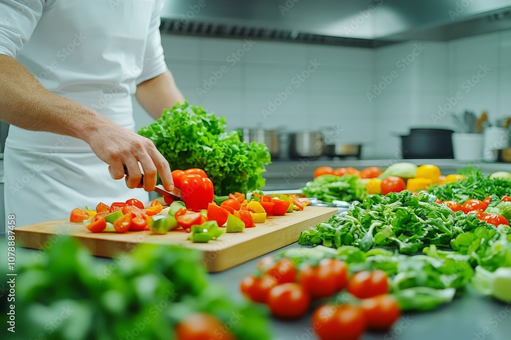A chief cook preparing fresh ingredients, chopping vegetables on a wooden cutting board. Generative AI A chief cook preparing fresh ingredients, chopping vegetables on a wooden cutting board. Generative AI